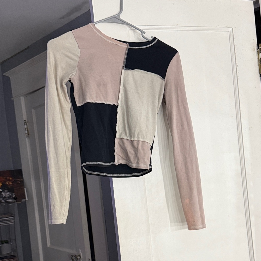 Hollister Patchwork Long Sleeve Top - Black, Cream, Pink